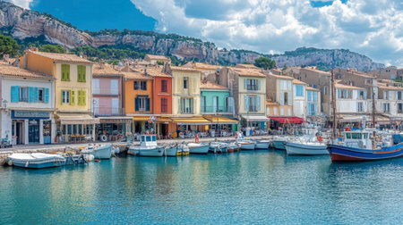 The picturesque fishing village of Cassis, with colorful houses and boats docked in the harbor.の素材