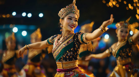 Traditional Thai dance performance in a cultural show in the heart of Bangkok.の素材