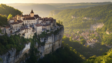 The medieval town of built into a cliff, with its sanctuary and pilgrimage site.の素材