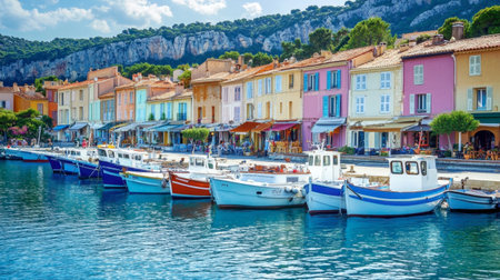 The picturesque fishing village of Cassis, with colorful houses and boats docked in the harbor.の素材