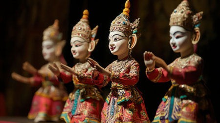 Traditional Thai puppet show being performed in a Bangkok cultural center.の素材