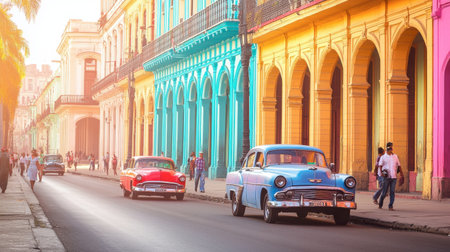 Visitors walking along the colorful streets of Old Havana, Cuba, with vintage cars and vibrant architecture.の素材