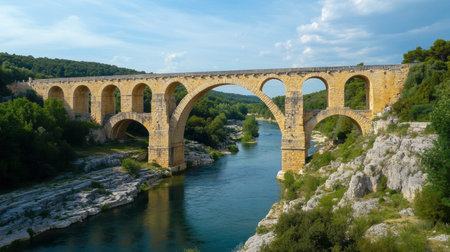 The Pont du Gard, a Roman aqueduct bridge in the South of France, spanning over the river.の素材