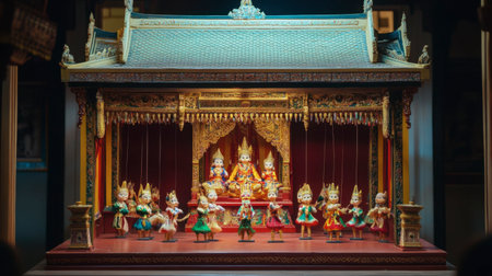 Traditional Thai puppet show being performed in a Bangkok cultural center.の素材