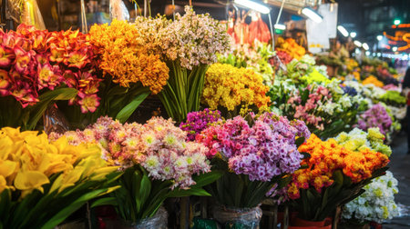 Vibrant Bangkok Flower Market, with rows of colorful flowers and fragrant blooms on display.の素材
