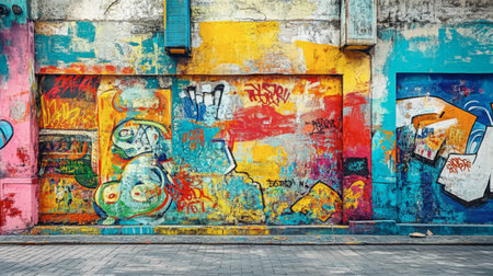 Vibrant graffiti and street art on the walls of a creative district in Bangkok.の素材