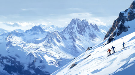 The snowy peaks of the French Alps, with skiers descending the slopes in the distance.の素材