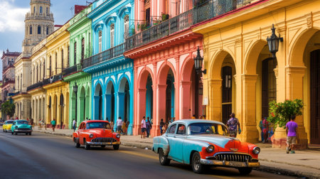 Visitors walking along the colorful streets of Old Havana, Cuba, with vintage cars and vibrant architecture.の素材