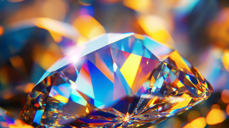 A close-up of a brilliant gem with multiple facets, reflecting light and displaying its vivid color and clarity.の素材