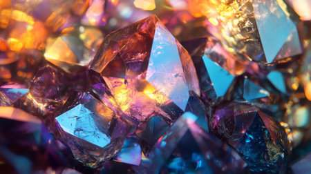 A close-up of a gem facets capturing light, creating a mesmerizing display of colors and reflections.の素材