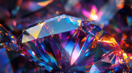 A close-up of a gem facets capturing light, creating a mesmerizing display of colors and reflections.の素材