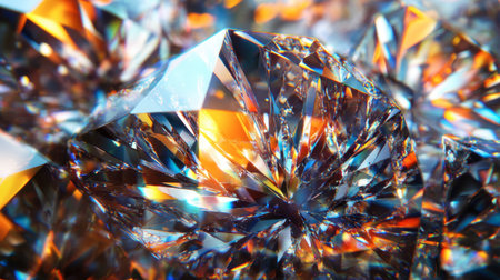 A close-up of a diamond's facets reflecting light, creating a dazzling array of colors and sparkles.の素材