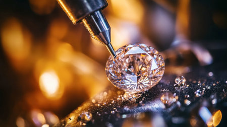 A close-up of a gem being polished by a jeweler, focusing on the meticulous process and the gem emerging shine.の素材