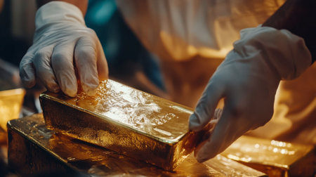 A close-up of a gold bar being carefully handled by a professional with gloves, emphasizing its value and care.の素材