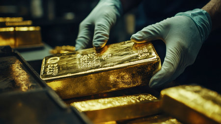 A close-up of a gold bar being carefully handled by a professional with gloves, emphasizing its value and care.の素材