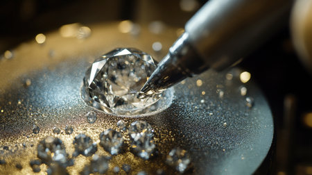 A close-up of a gem being polished by a jeweler, focusing on the meticulous process and the gem emerging shine.の素材