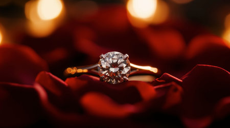 A diamond engagement ring with a romantic proposal setting, surrounded by rose petals and soft, ambient light.の素材