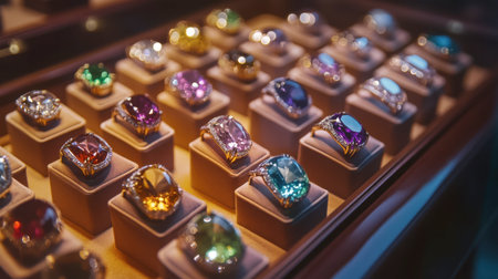 A collection of gemstone rings in a luxury jewelry display case, with soft lighting highlighting their beauty.の素材