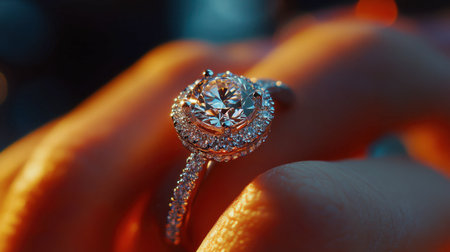 A diamond-studded ring being worn by a hand, with a soft-focus background highlighting its elegance and sparkle.の素材