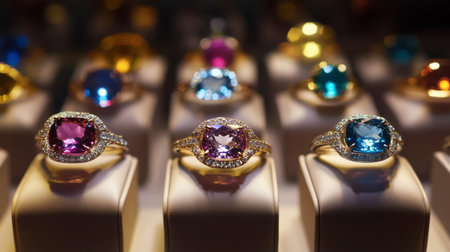 A collection of gemstone rings in a luxury jewelry display case, with soft lighting highlighting their beauty.の素材