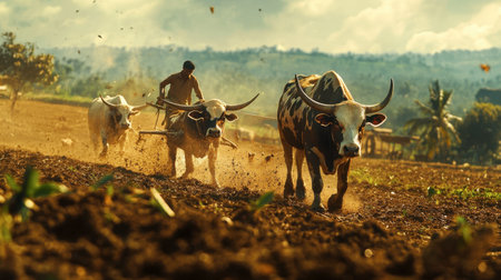 A farmer plowing a field with oxen in the rural landscapes of India.の素材