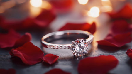 A diamond engagement ring with a romantic proposal setting, surrounded by rose petals and soft, ambient light.の素材
