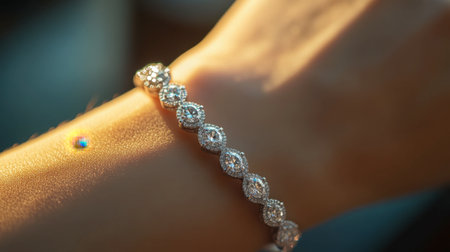 A diamond-studded bracelet on a model's wrist, with the focus on the sparkling gemstones and elegant design.の素材