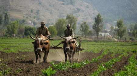 A farmer plowing a field with oxen in the rural landscapes of India.の素材