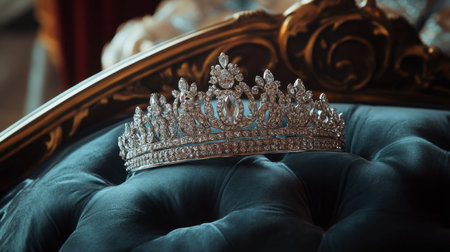 A diamond-encrusted tiara on a plush velvet cushion, evoking a sense of royalty and elegance.の素材