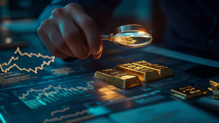 A financial analyst examining gold bars with a magnifying glass, surrounded by financial charts and documents.の素材