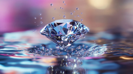 A dramatic image of a diamond falling onto a reflective surface, capturing its brilliance and light dispersion.の素材