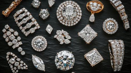 A luxurious collection of diamonds set in various jewelry pieces, arranged on a dark, polished surface.の素材