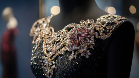 A gem-encrusted brooch on a classic evening dress, with lighting enhancing its sparkling and sophisticated design.の素材