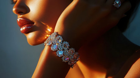 A gem-studded bracelet on a model wrist, with soft, focused lighting to enhance the brilliance and elegance of the jewelry.の素材