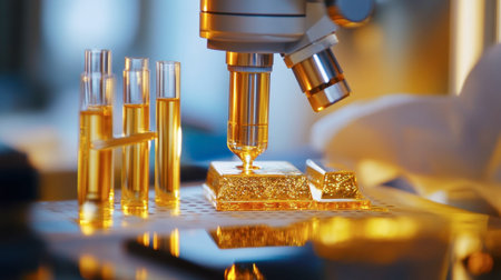 A gold bar being tested with a gold testing kit, with a focus on the chemical reactions and testing equipment.の素材