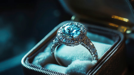 A gem-encrusted ring displayed in a sophisticated jewelry box, with soft lighting highlighting its brilliance.の素材