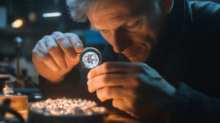 A jeweler examining a diamond with a magnifying glass in a well-lit workshop, focusing on the gem's intricate details.の素材