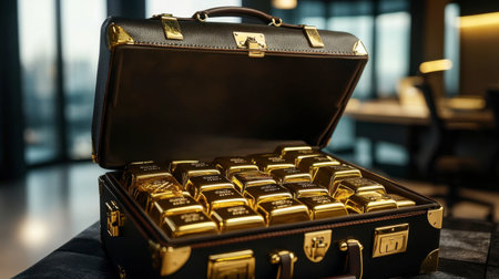 A luxurious briefcase filled with gold bars, partially open, with a sleek office background suggesting high-value transactions.の素材