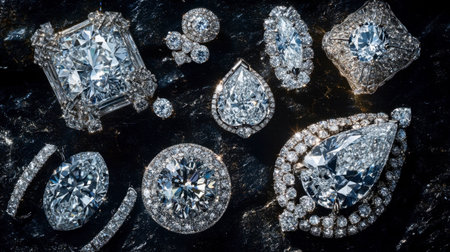 A luxurious collection of diamonds set in various jewelry pieces, arranged on a dark, polished surface.の素材