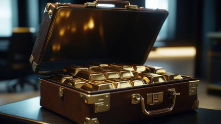 A luxurious briefcase filled with gold bars, partially open, with a sleek office background suggesting high-value transactions.の素材