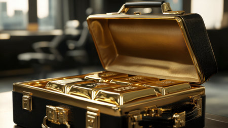 A luxurious briefcase filled with gold bars, partially open, with a sleek office background suggesting high-value transactions.の素材