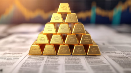 A set of gold bars arranged in a pyramid formation, with a background of financial newspapers and investment reports.の素材