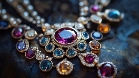A luxurious gemstone necklace with a prominent centerpiece gem, surrounded by smaller, complementary gems.の素材