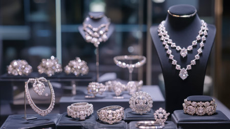 A luxurious display of various diamond jewelry pieces, including rings, earrings, and necklaces, in a high-end showroom.の素材