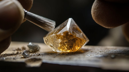 A raw gem being cleaned by a jeweler, with a focus on the precision and care involved in preparing it for display.の素材
