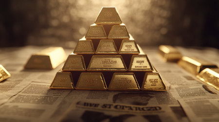 A set of gold bars arranged in a pyramid formation, with a background of financial newspapers and investment reports.の素材