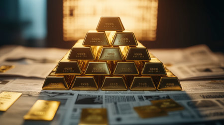 A set of gold bars arranged in a pyramid formation, with a background of financial newspapers and investment reports.の素材