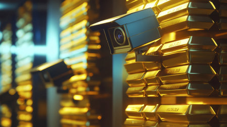 A sophisticated security system with cameras and alarms, guarding a room full of stacked gold bars.の素材
