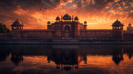 A sunset view of the historic Red Fort in Delhi, with its imposing sandstone walls.の素材