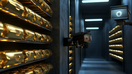 A sophisticated security system with cameras and alarms, guarding a room full of stacked gold bars.の素材